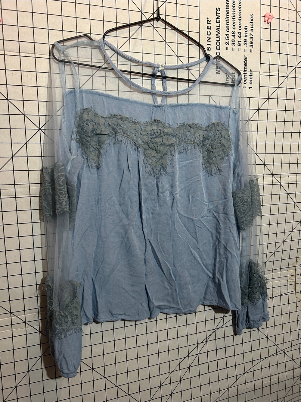 Sheer Lace Yoke Long-Sleeve Blouse - Light Blue